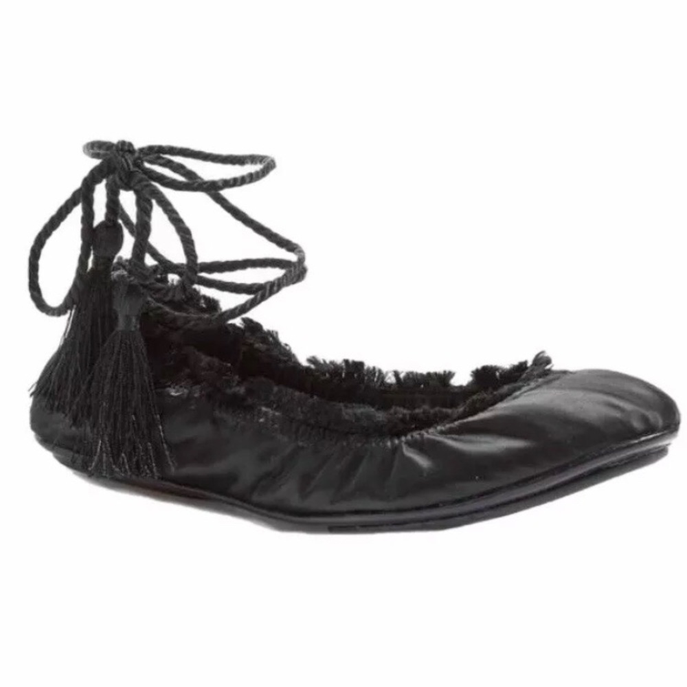 JOIE Ballet Flats Black Wrap Around Ankle Tie with Tassels Size 36